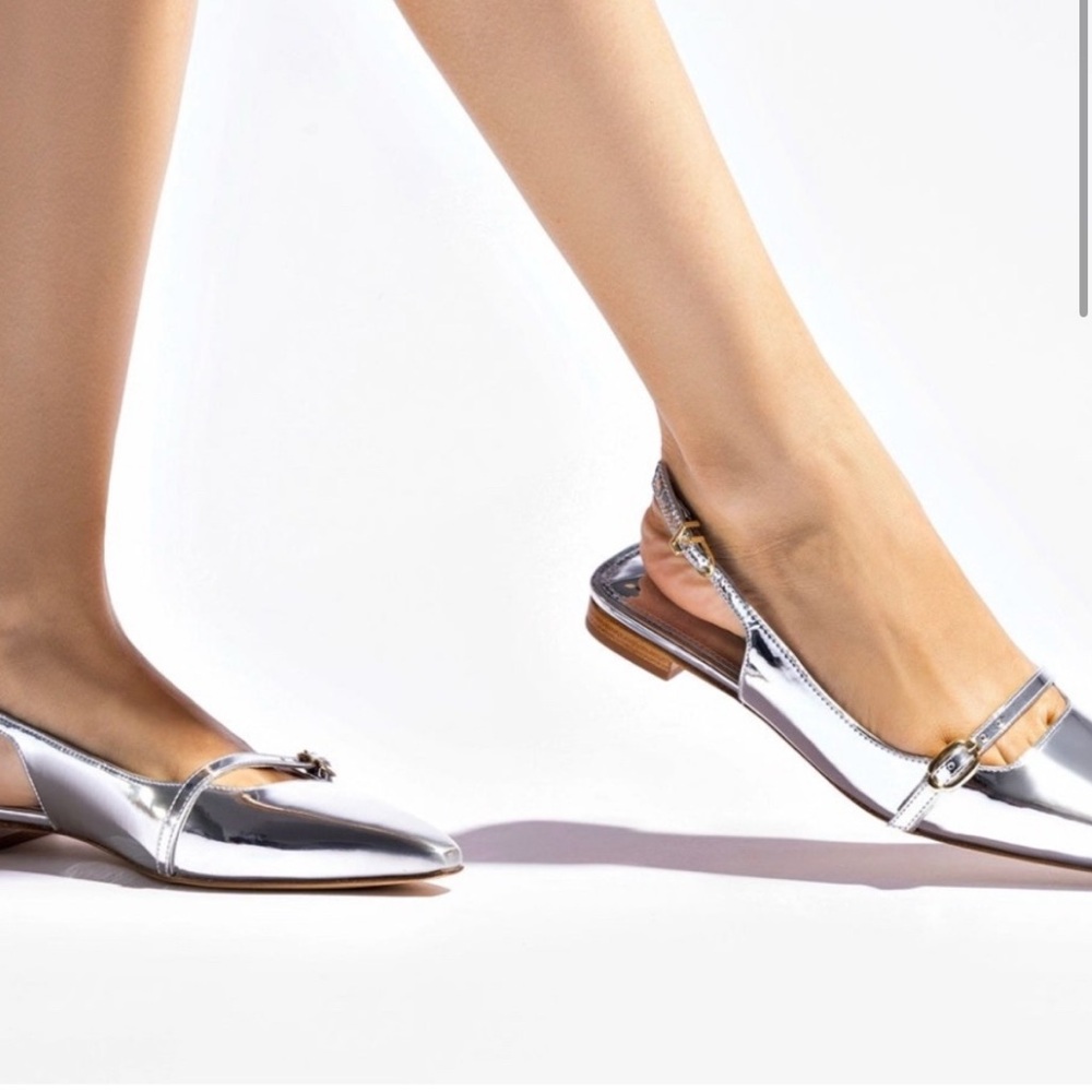 Larroude Ines flat in shiny silver 8.5